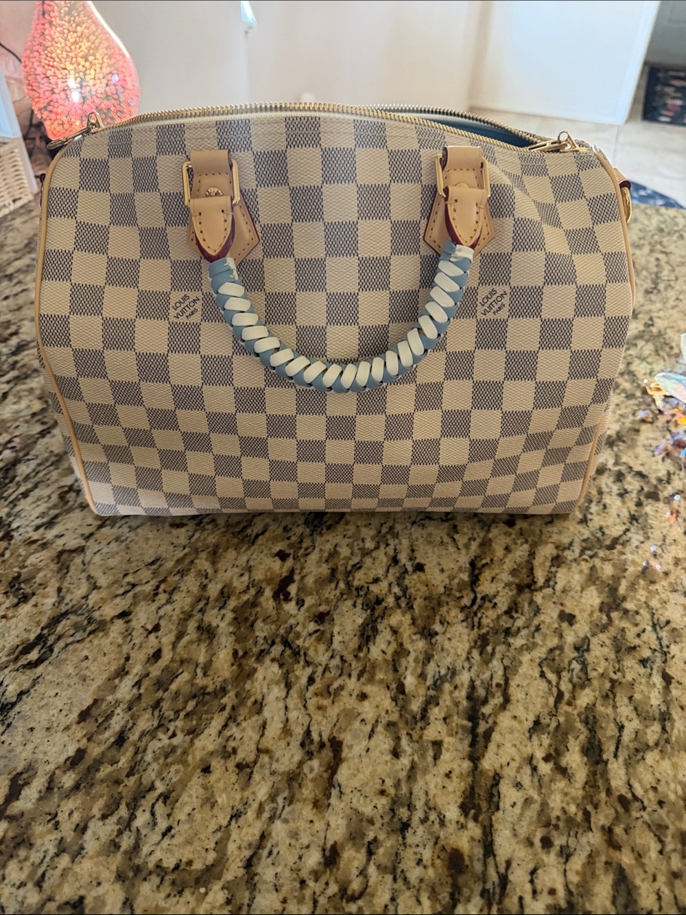 Cream Checkered Satchel with Light Blue Handle Detail